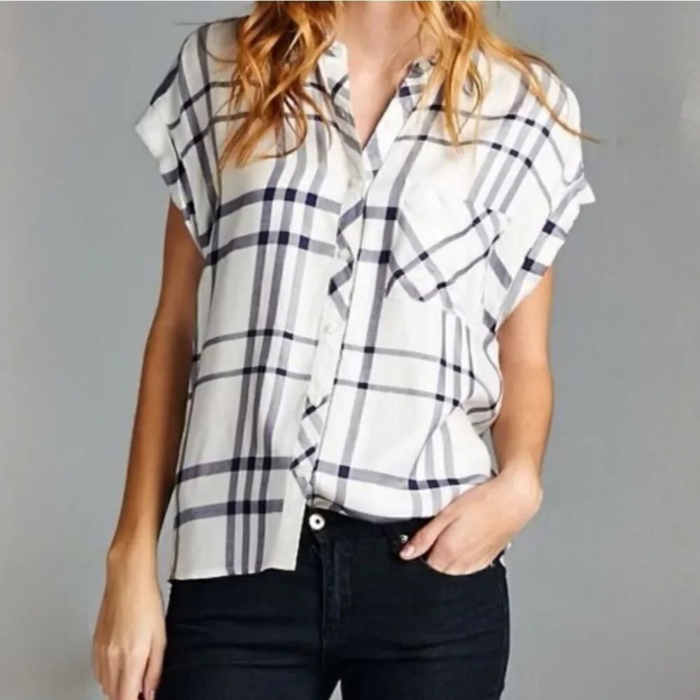 Staccato Women's Sleeveless White and Navy Plaid Button-Down Shirt